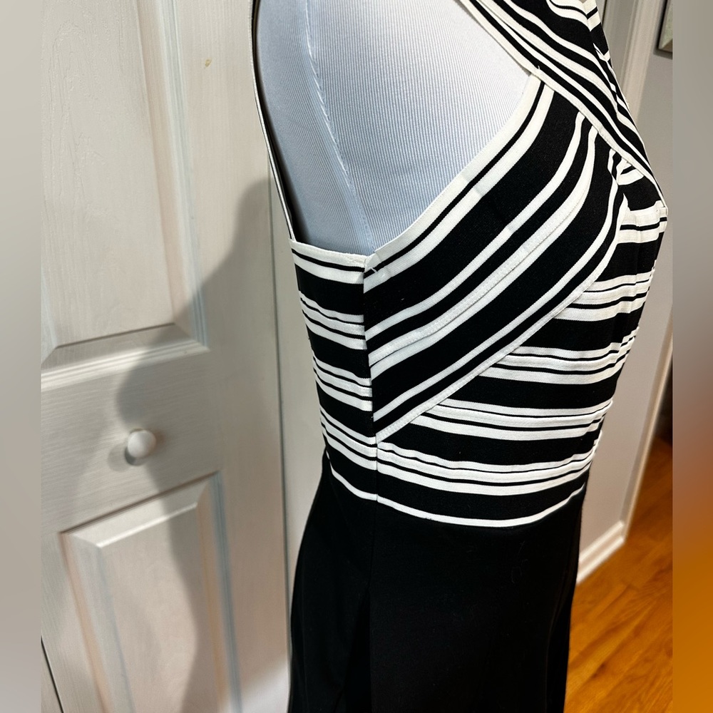 Maeve Black and White Striped Cross-Front Fit-and-Flare Dress - Picture 3 of 7